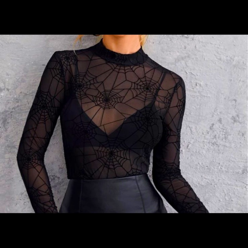 2 Brand New items; Black Spider Web Blouse & Spider earrings